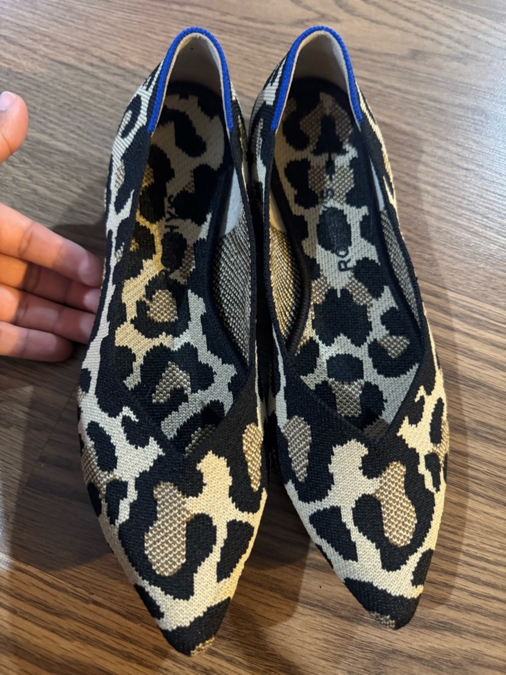 Rothy's Leopard Print Pointed Toe Flats with Blue Trim